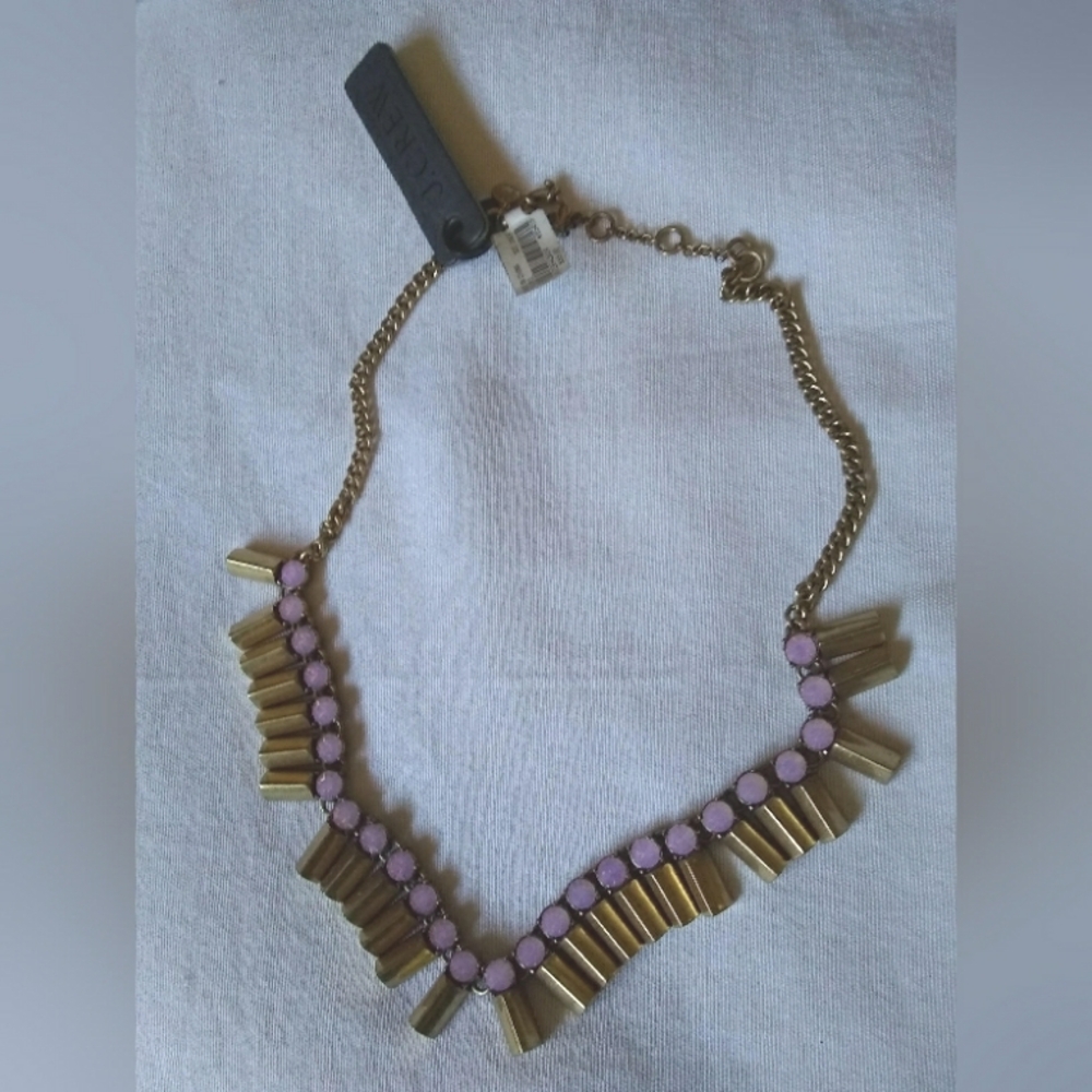 NWT J. CREW Gold Tone & Pink Crystal Statement Necklace Dangle